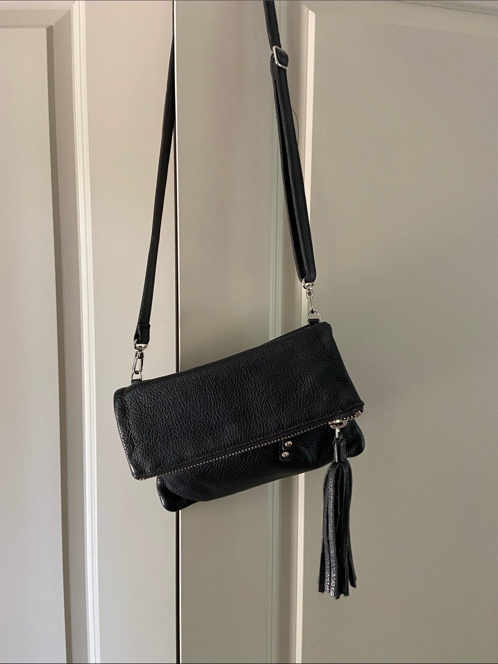 Roots Black Genuine Leather Tassel Crossbody Bag